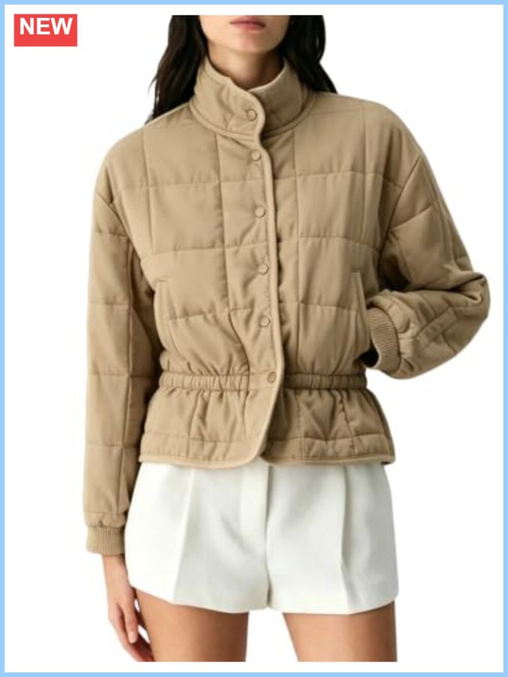 Quilted Puffer Jacket Button Down Waist Tight Coat Fall Winter